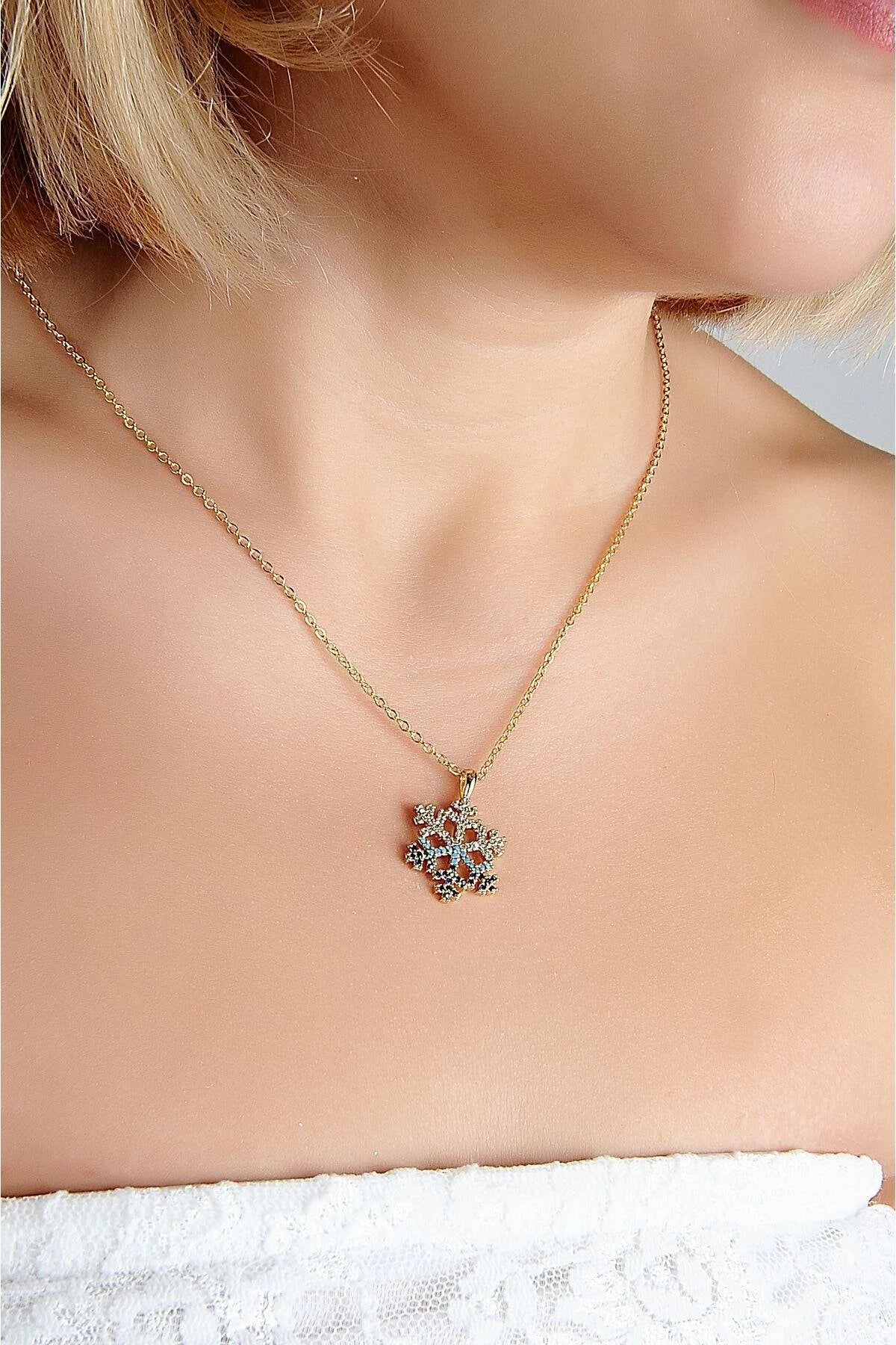 Snowflake Gold-Silver Blue Zircon Necklace