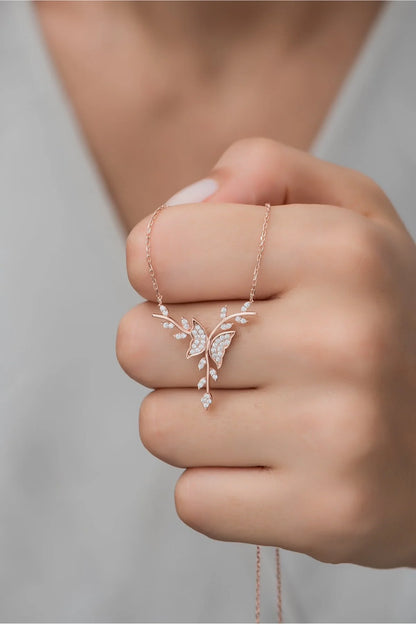 925 Sterling Silver Rosegold Butterfly on a Branch Necklace