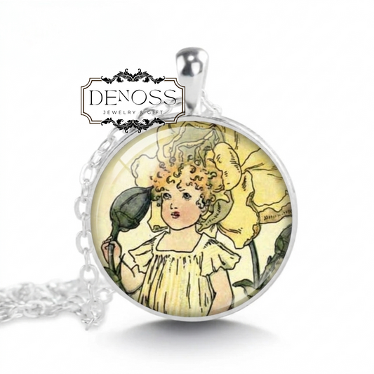 January Birthflower Necklace,Carnation Birth Flower Girl in Edwardian Dress,Garden Fairy Pendant