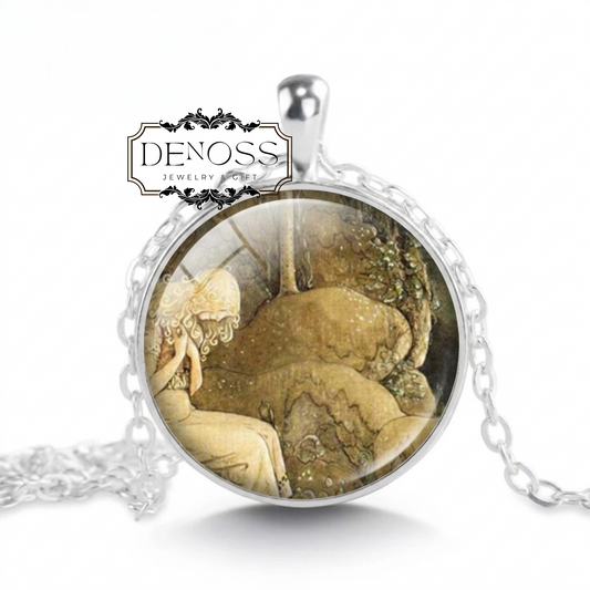 John Bauer Fairytale Necklace,Among Gnomes and Trolls Glass Pendant