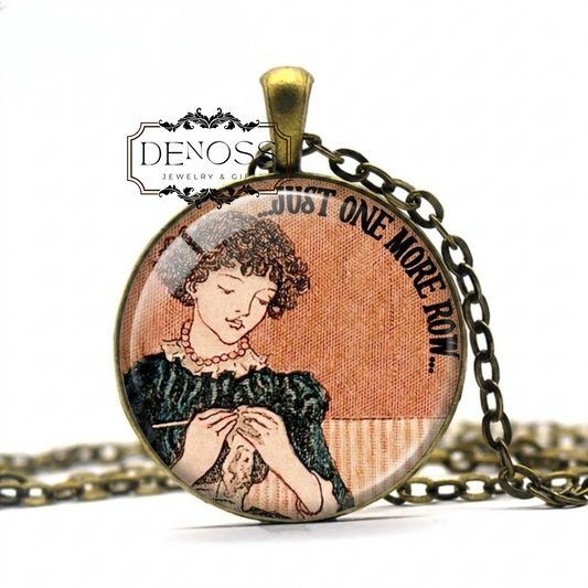Just One More Row Necklace,Vintage Pattern Crochet Accessories,Pendant Crocheter Gifts,Knitter Fiber Arts Artists,Funny Crocheting Jewelry