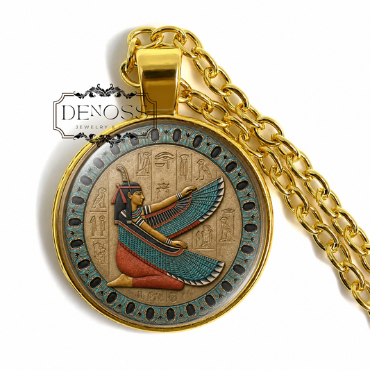 MAAT  Egyptian Necklace Goddess of Truth,Justice,Balance,Order,Harmony,Morality,Ancient,Glass Pendant - Denoss