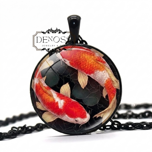 Koi Fish,Yin Yang Glass Pendant Necklace,Japanese Asian Art