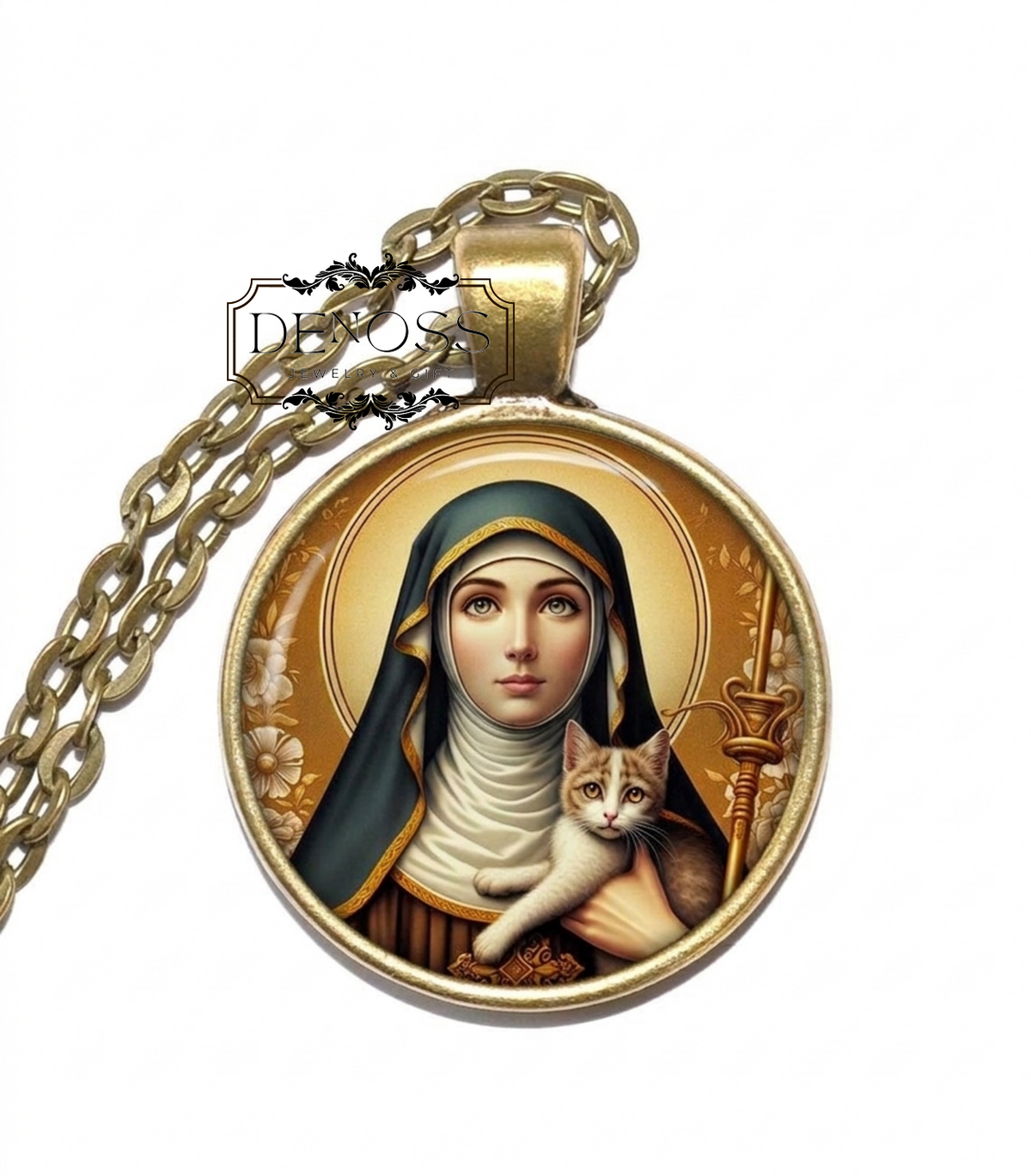 SAINT GERTRUDE of NIVELLES Necklace,Patron Saint of Cats,Patron Saint of Travelers,Patron Saint of Gardeners
