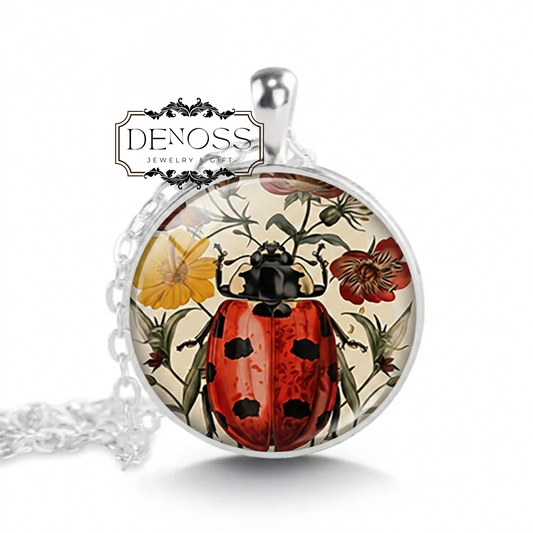Ladybug Pendant Necklace,Cottagecore Floral Garden Jewelry,Nature Lover Gift