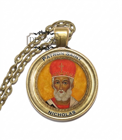 SAINT NICHOLAS Necklace,Patron saint of children,Patron of sailors ,Religious,Protector of children,Glass Pendant,Handmade Jewelry
