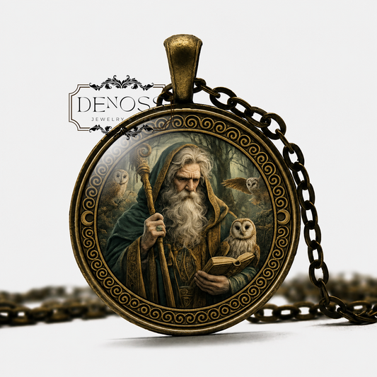 MERLIN Necklace,Celtic, Mythology,Wizard,Prophet,Bard, Sorcerer,Adviser,Druid, God of Prophecy,God of Poetry,Glass pendant - Denoss