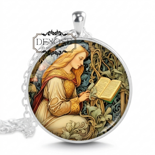 Medieval Lady Reading Pendant Necklace,Middle Ages Art