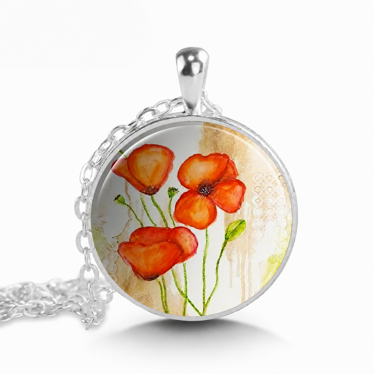 Watercolor Poppies necklace,remembrance jewelry,red poppy art pendant