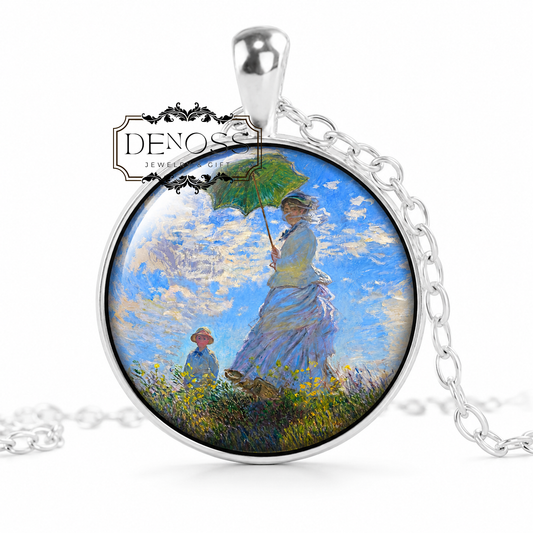 MONET Necklace,Woman with a parasol,Painter, Impressionist,French,Glass Pendant,Handmade Jewelry