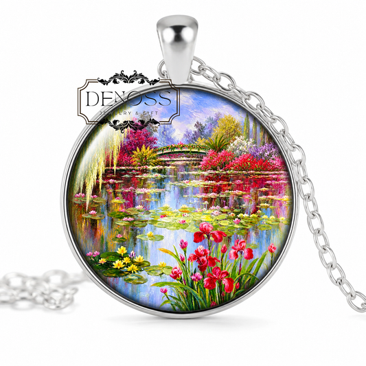 Monet Water Lilies Pond Necklace,Impressionist French Glass Pendant