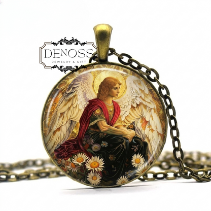 Archangel Gabriel Pendant Angel Wing Necklace,Glass Cabochon Religious Jewelry,Guardian Messenger Saint Gift