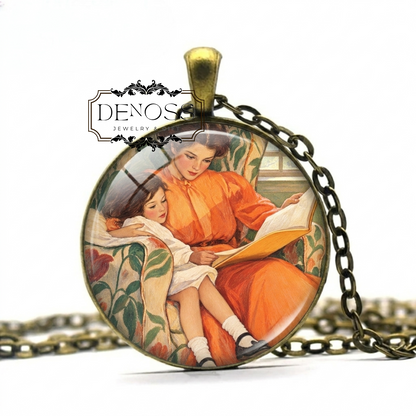 Mother and Child Reading Book Pendant Necklace,Library Theme
