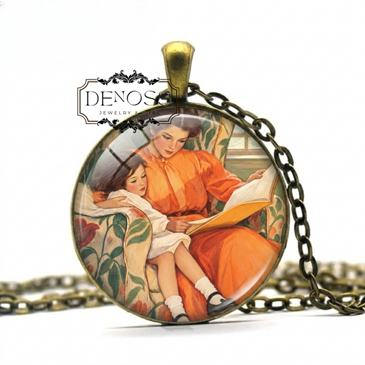 Mother and Child Reading Book Pendant Necklace,Library Theme