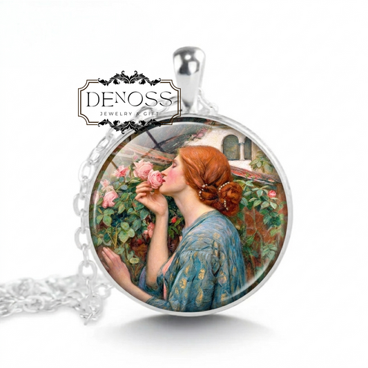 MY SWEET ROSE Necklace,The Soul of the Rose, John William Waterhouse,Painter,English, Art Pendant Necklace,Glass Pendant
