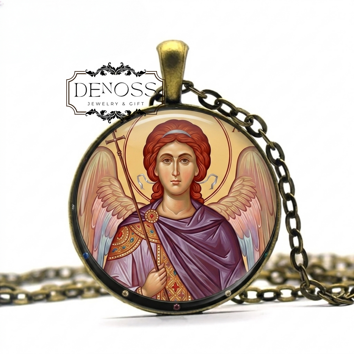 ARCHANGEL URIEL Golden Rhinestone Necklace, Archangel,Light of God,Angel of Wisdom,Angel of Insight,Angel of Divine Illumination