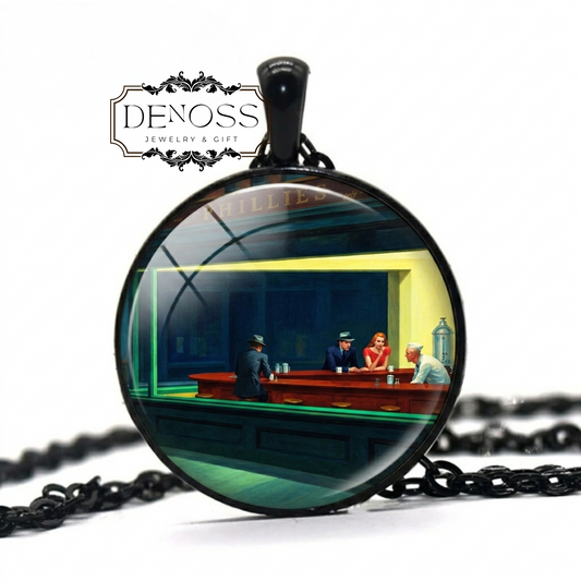 Nighthawks Art Necklace,Edward Hopper Painting Pendant