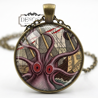 Octopus & Old Ship Art Glass Necklace,Nautical Jewelry Gift
