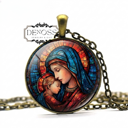 Faux Stained Glass Virgin Mary with baby Jesus Necklace,Religious Pendant,Faith & Love