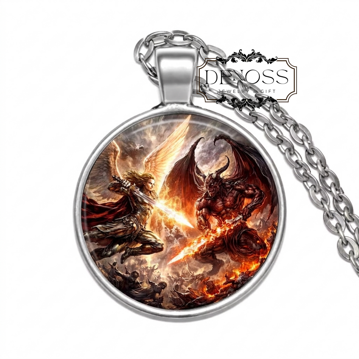 Archangel Michael vs Satan Pendant,Christian Protection Amulet,Bronze Chain Jewelry