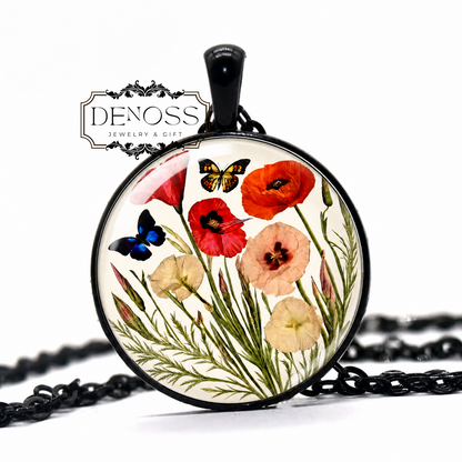 August Birth Flower Necklace,Gladiolus & Poppy Pendant