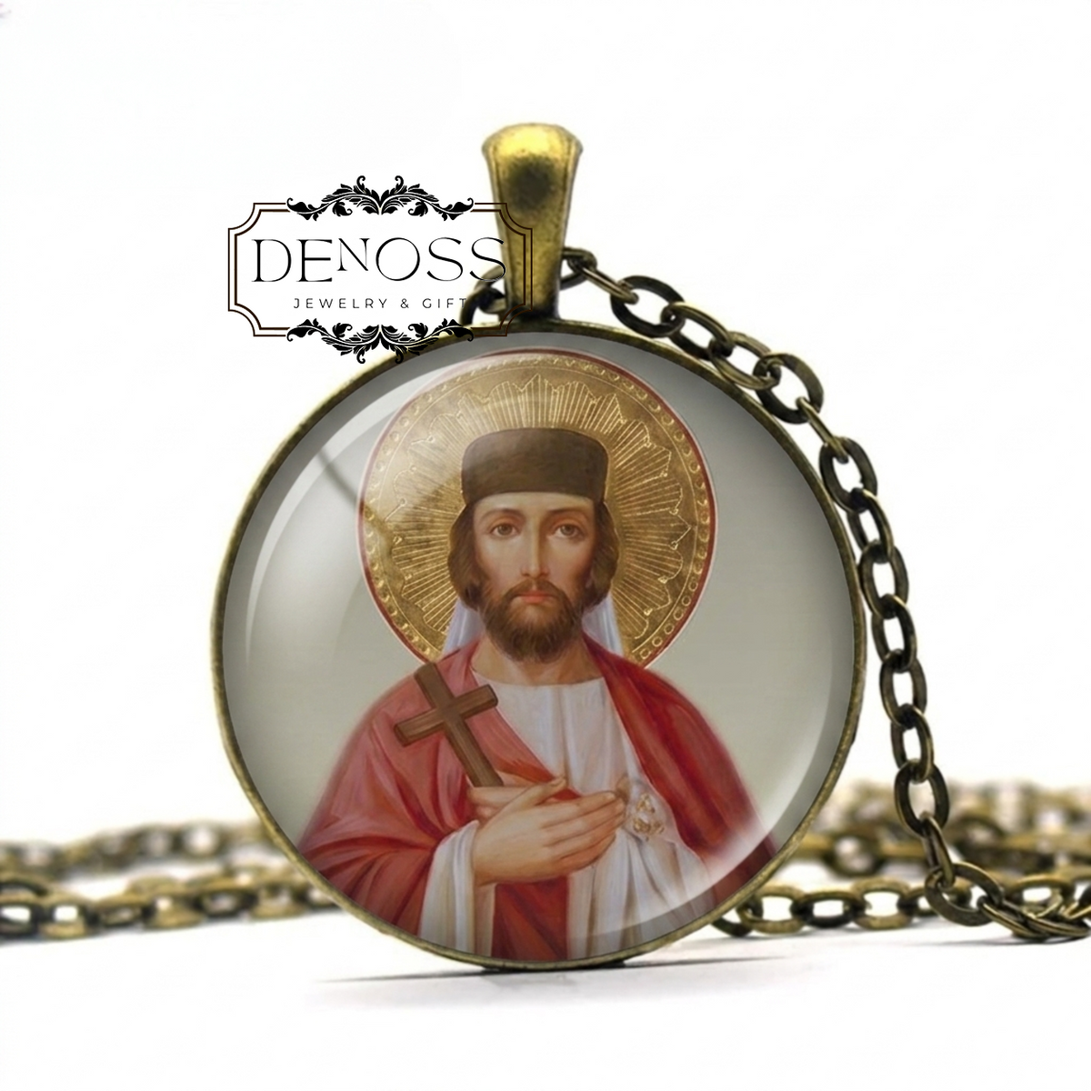 Saint Abo of Tiflis Necklace,Catholic Saint Medal Pendant Charm,Cabochon w Glass Dome