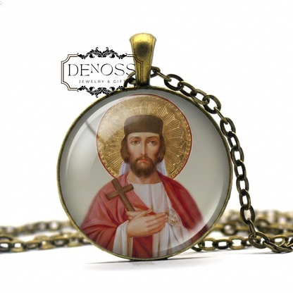 Saint Abo of Tiflis Necklace,Catholic Saint Medal Pendant Charm,Cabochon w Glass Dome