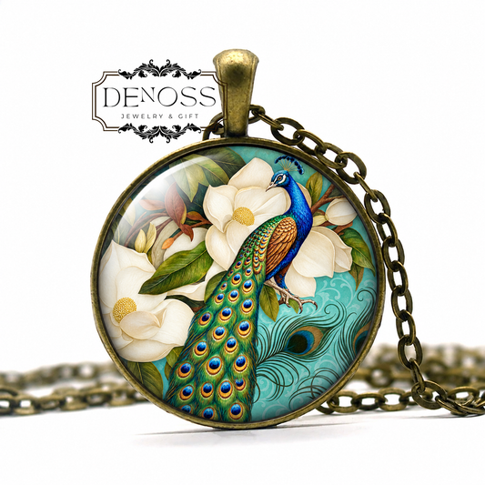Peacock Necklace,Victorian Style Peacock Jewelry,Glass Art Pendant,Gift for Her
