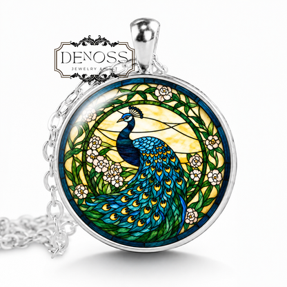 Peacock Stained Glass Necklace,Jewelry Gift, Green Feather Bird Necklace