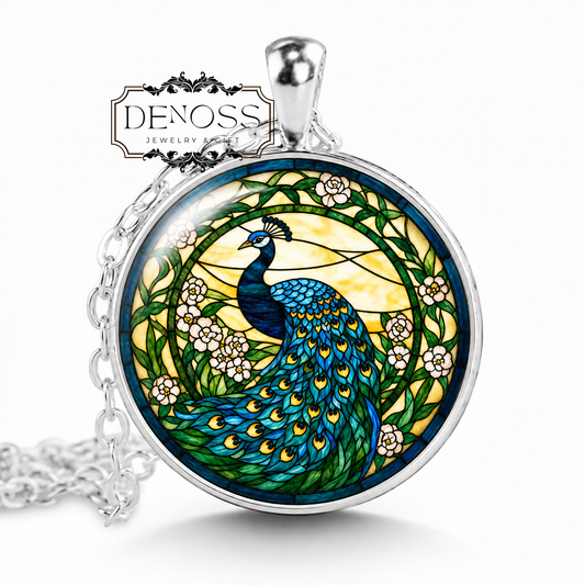 Peacock Stained Glass Necklace,Jewelry Gift, Green Feather Bird Necklace
