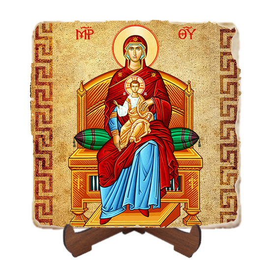 Virgin Enthroned Icon,Marble Icon,Handmade,Baptism gift,Christian Icon