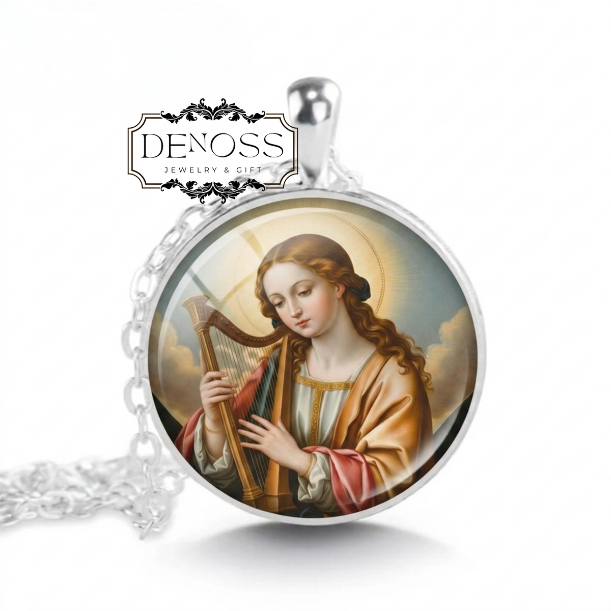 SAINT CECILIA Pendant Necklace,Patron Saint of Music & Musicians,Devotion,Purity, Spiritual Power of Music,Glass Pendant