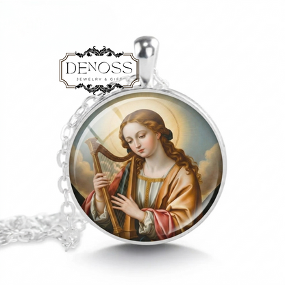 SAINT CECILIA Pendant Necklace,Patron Saint of Music & Musicians,Devotion,Purity, Spiritual Power of Music,Glass Pendant