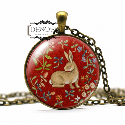 Rabbit Tapestry Pendant Necklace,Medieval Book of Beasts Jewelry