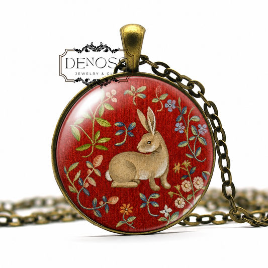 Rabbit Tapestry Pendant Necklace,Medieval Book of Beasts Jewelry