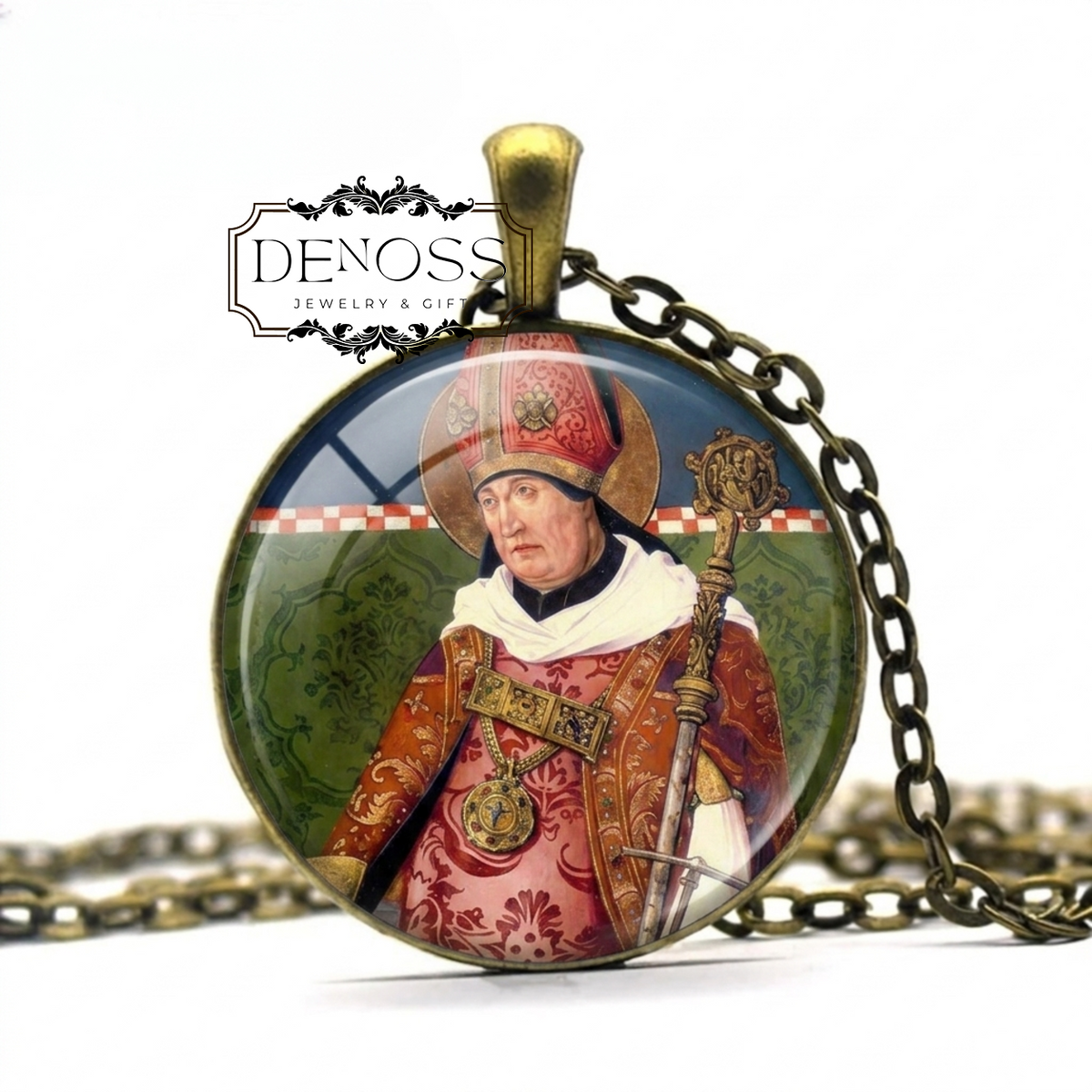 Saint Eligius Pendant Necklace,Patron of goldsmiths,coin collectors,veterinarians,horses,Catholic Necklace Round Pendant