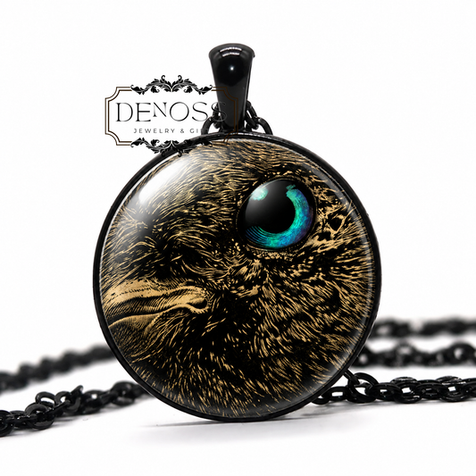 Raven Eye Glass Cabochon Necklace,Bird Jewelry Gift
