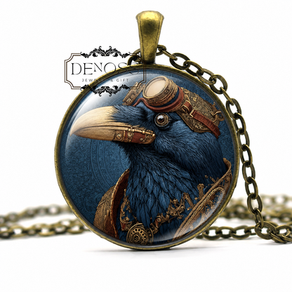 Raven Necklace,Delft blue Raven Art,Bird Jewelry Gift