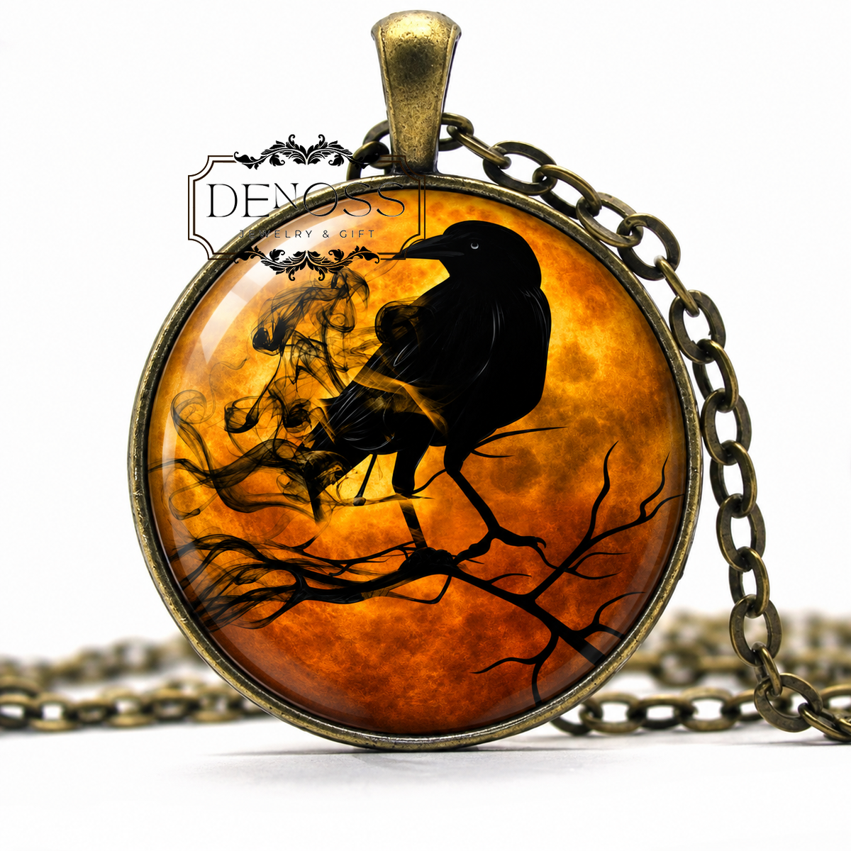Raven Necklace,Spooky Raven Cabochon Bird Jewelry Gift