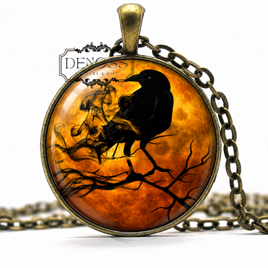 Raven Necklace,Spooky Raven Cabochon Bird Jewelry Gift