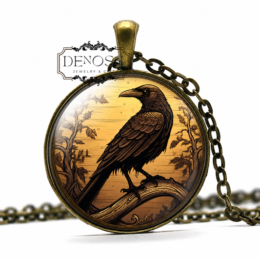 Raven Pendant Necklace,Gothic Bird Jewelry Crow Art Glass Dome