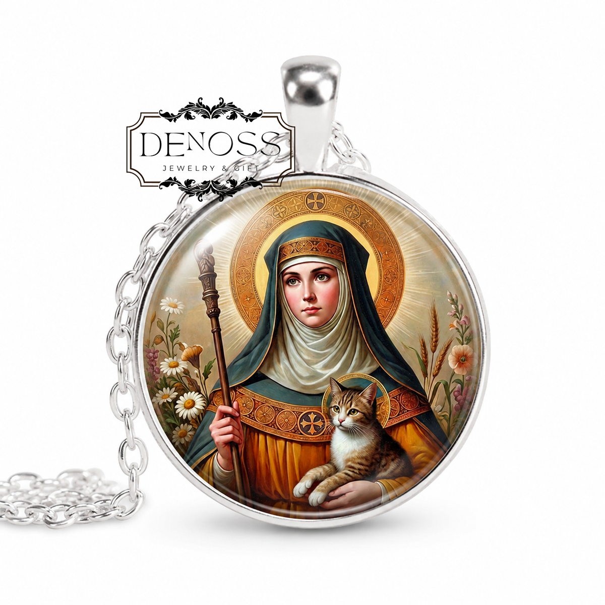 SAINT GERTRUDE Pendant Necklace,Saint Gertrude of Nivelles,Patron Saint of Cats,Patron Saint of Gardeners,Patron Saint of Travelers