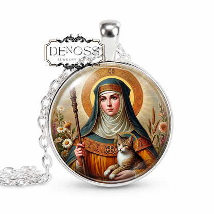 SAINT GERTRUDE Pendant Necklace,Saint Gertrude of Nivelles,Patron Saint of Cats,Patron Saint of Gardeners,Patron Saint of Travelers