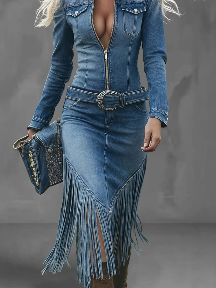 Denim Tassel Women Long Sleeve Irregular Dress - Denoss