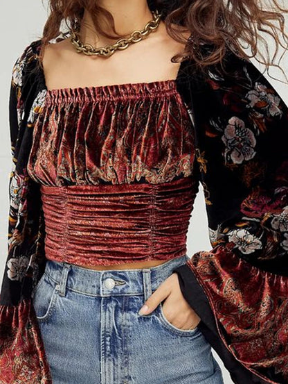 Square Collar Ruffles Velvet Chic Blouse