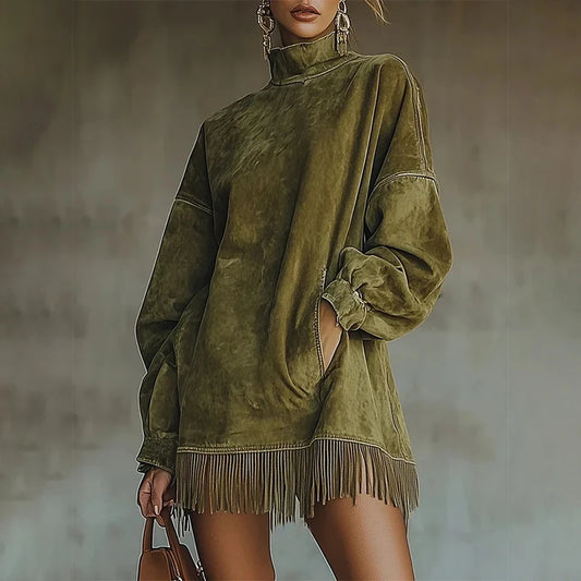 High Neck Green Suede Tassel Women Mini Dress