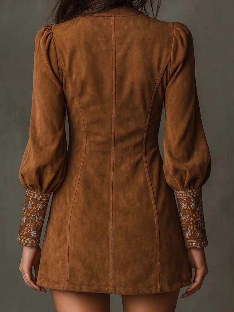 Long Sleeve Embroidery V Neck Dress - Denoss
