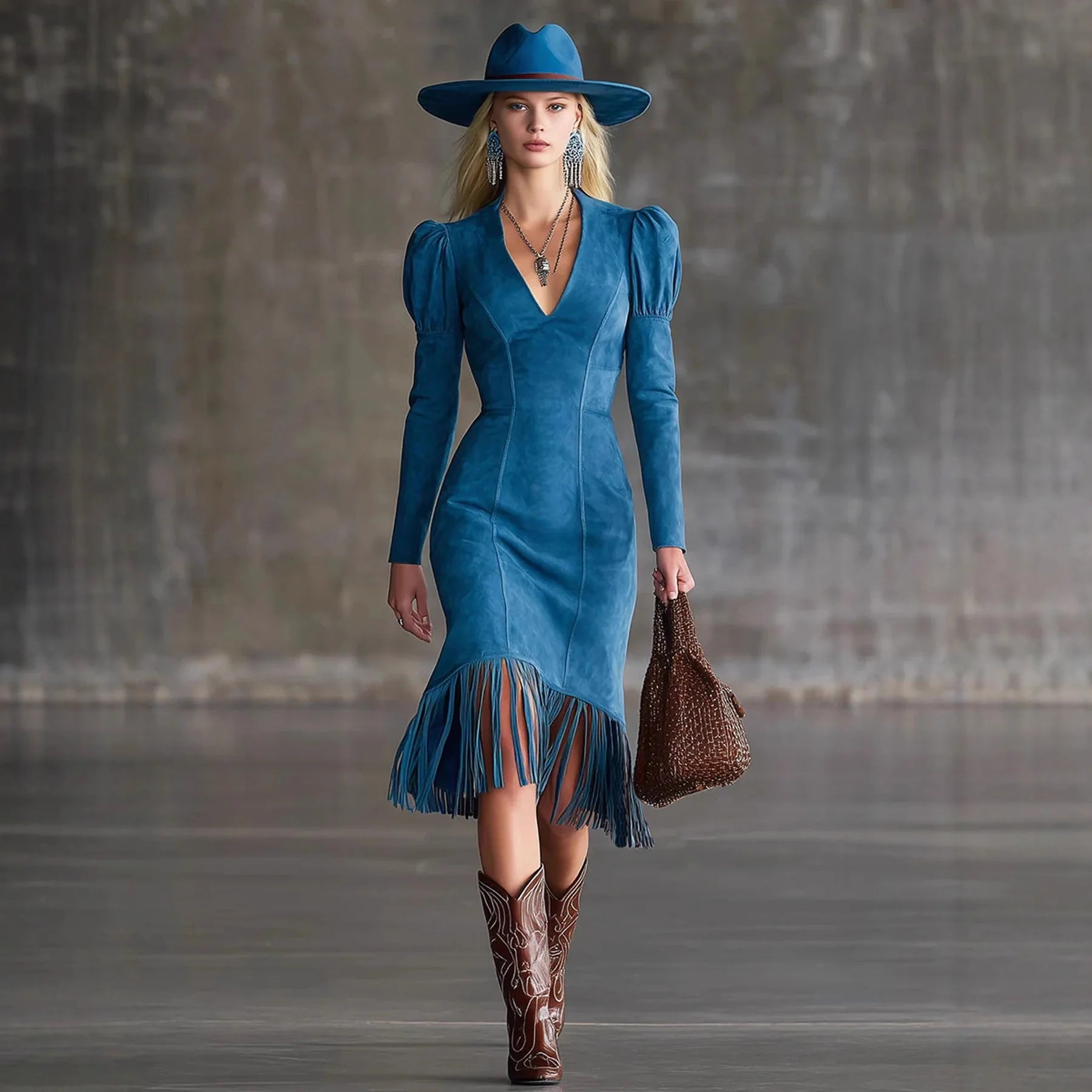 V-neck Puff Sleeve Retro Tassel Dress - Denoss