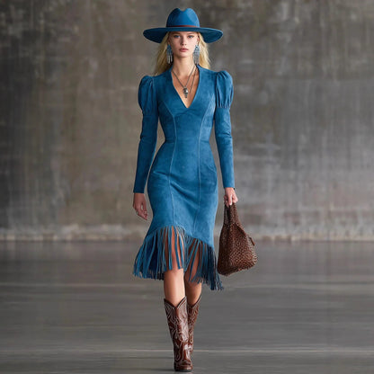 V-neck Puff Sleeve Retro Tassel Dress - Denoss