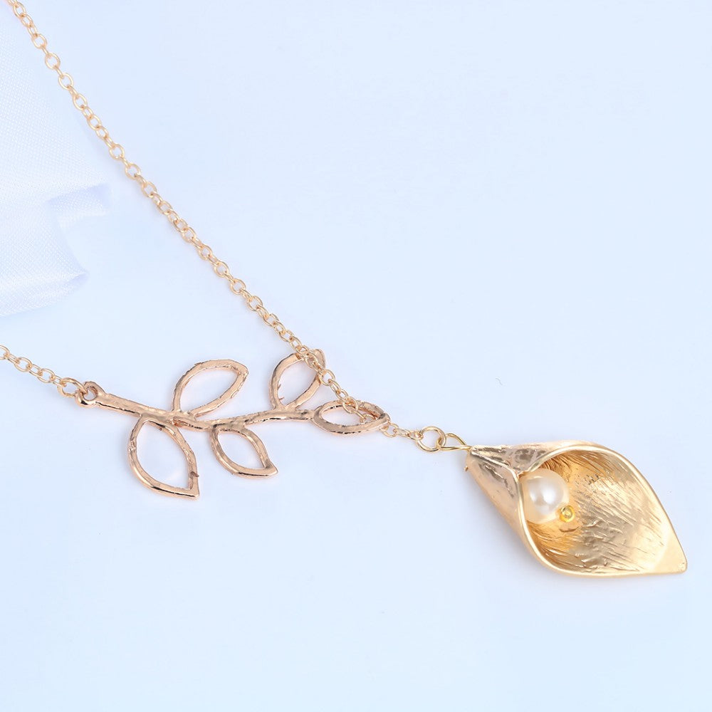 Calla Lily with Simulated Pearl Leaf Gold-Silver Necklace